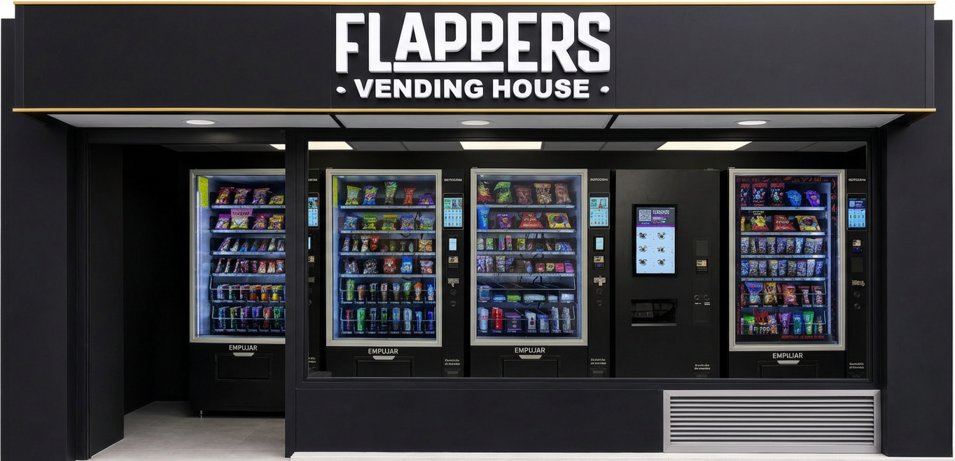 Diseño de tienda FLAPPERS — rótulo neón y máquinas con uNobo Connect